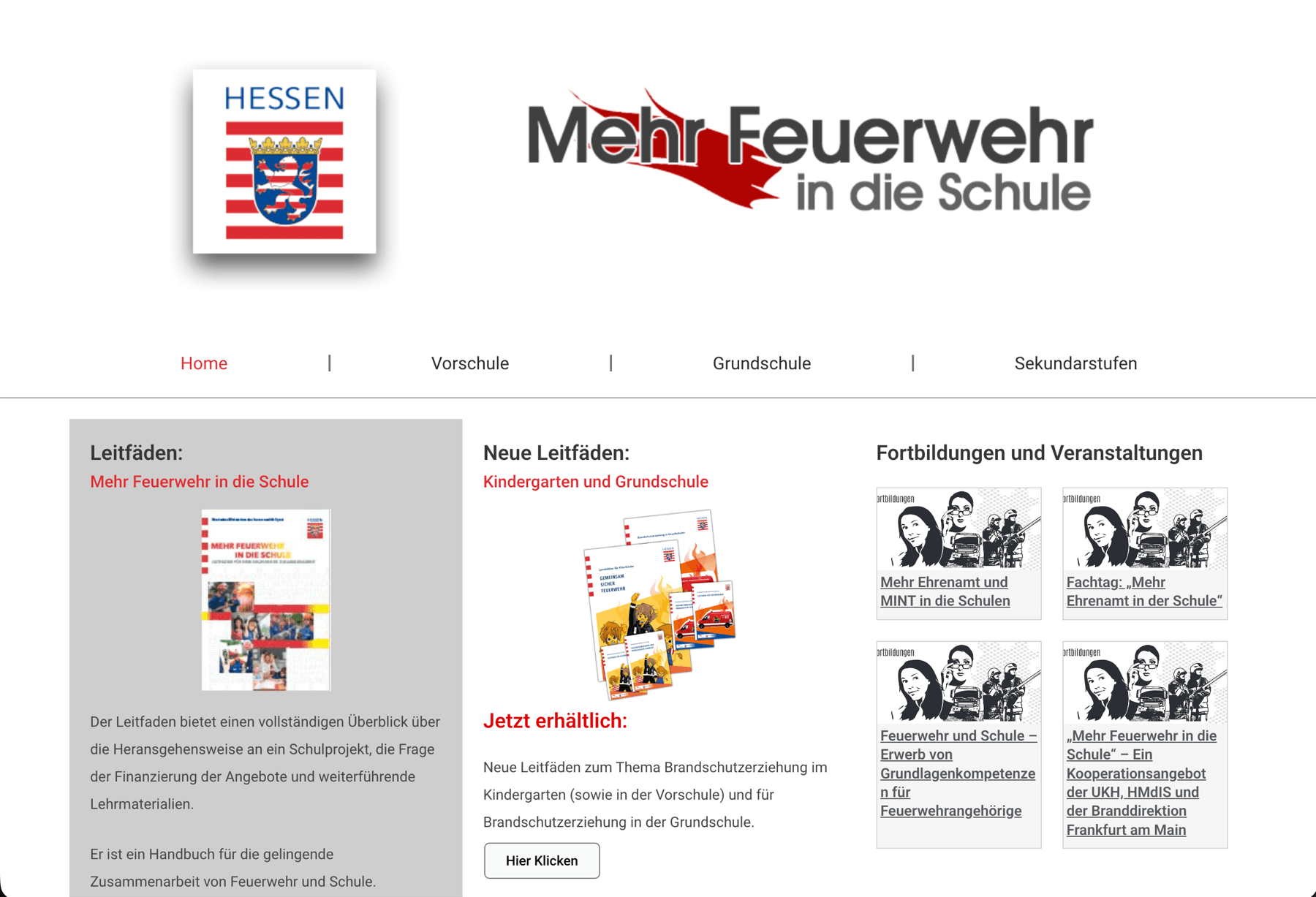 Website Mehr Feuerwehr in die Schule mit dem Hessen-Wappen, Leitfäden und Fortbildungsangeboten zur Brandschutzerziehung