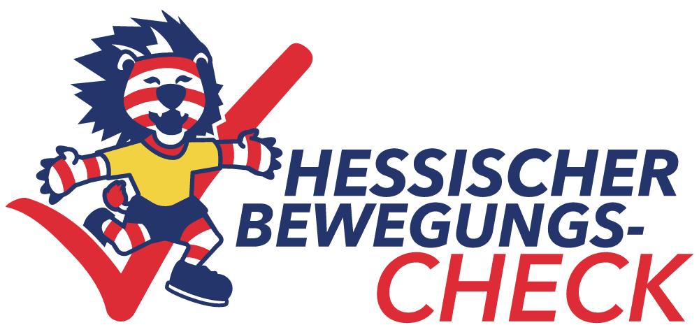 Logo des Hessischen Bewegungschecks: ein laufendes Maskottchen vor einem roten Haken und dem Schriftzug Hessischer Bewegungs-Check