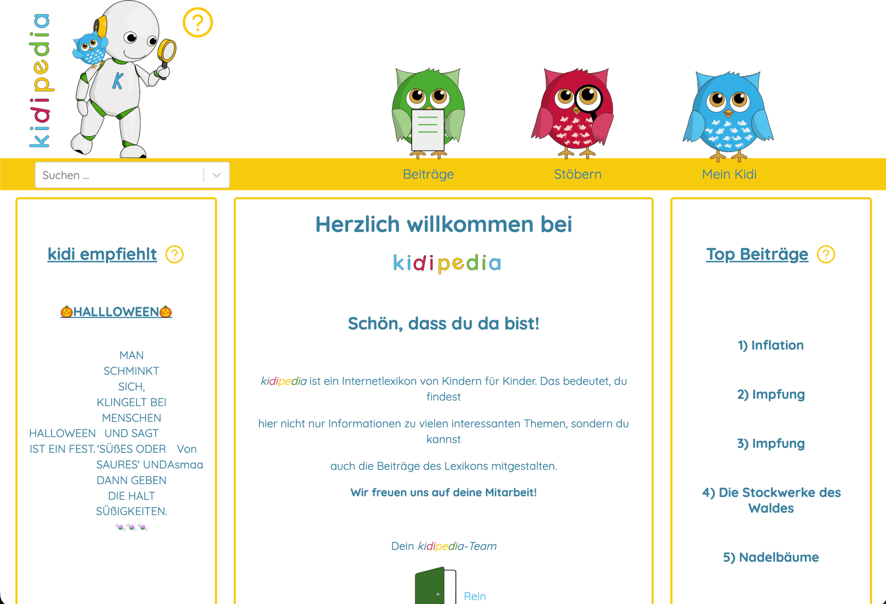 Startseite von Kidipedia mit Eulen-Figuren, Suche und den Bereichen Beiträge, Stöbern und Mein Kidi