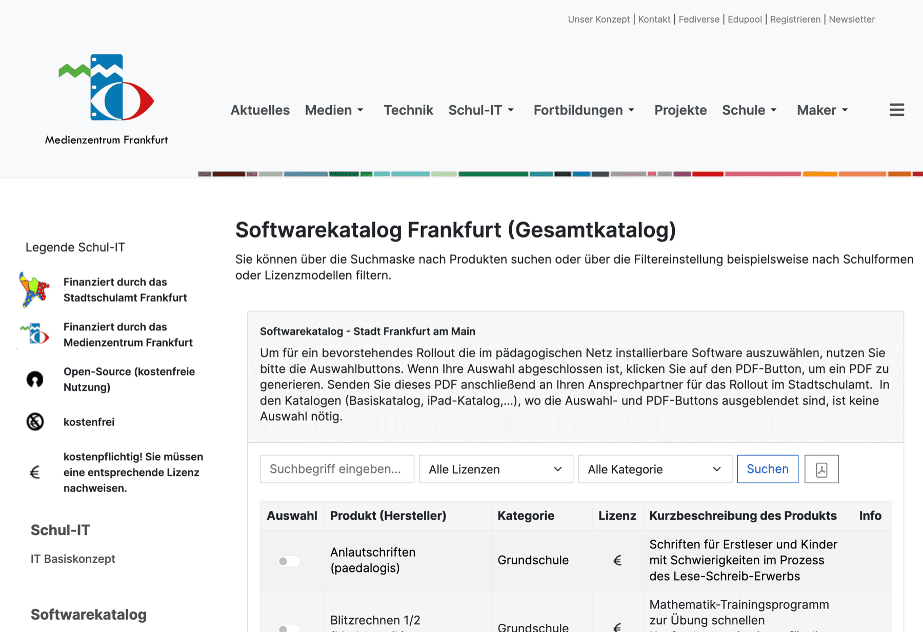 Gesamtkatalog des Softwarekatalogs Frankfurt mit Suche, Filtern und einer Tabelle von Softwareprodukten für Schulen