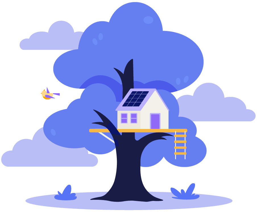 Illustration von Mavelia: ein Baumhaus mit Solarzellen in einer blauen Baumkrone