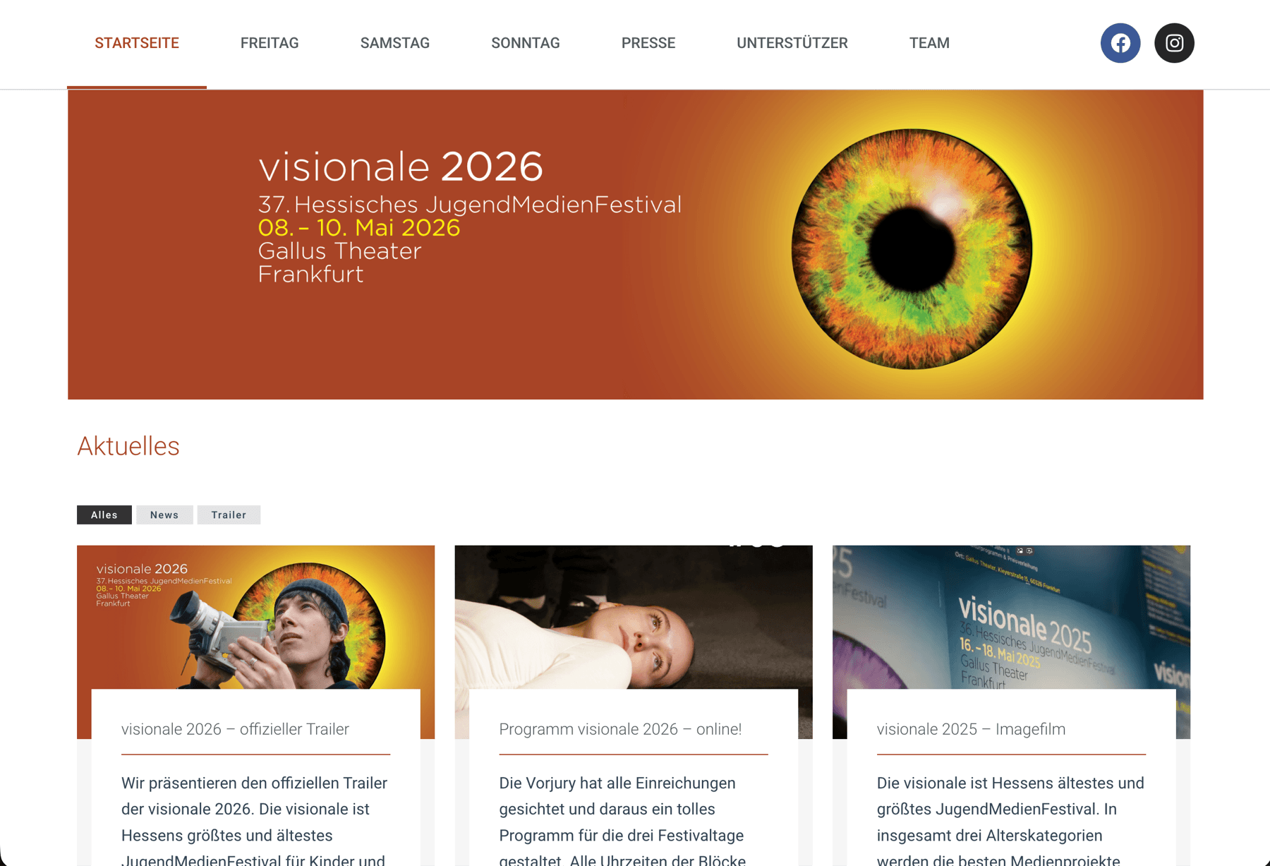 Website der visionale 2026, dem Hessischen JugendMedienFestival, mit Banner und aktuellem Programm